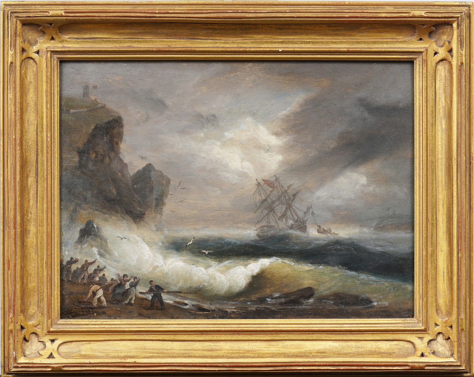Antique Irish Seascape Shipwreck Coastal Signed Nicely Framed Oil Painting (1 of 9)
