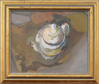 Antique American School Modernist Teapot Still Life Abstract Framed Original Oil Painting