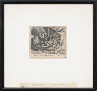 Antonio Tempesta "Metamorphosen" Antique Italian 1606 Framed Etching: Antique Italian etching. Framed. Measuring: 12 by 13 inches overall, and 4.25 by 5 painting alone. Please see all images for condition. Size is measured and written on the back of the painting. The fi