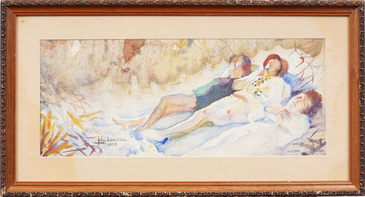 John Lavalle (1896 - 1971) Antique American Impressionist Lounging Beach Scene Framed Painting