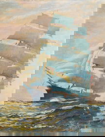 Antique American Clipper Ship Sailboat Seascape Large Impressionist Sunset Oil Painting