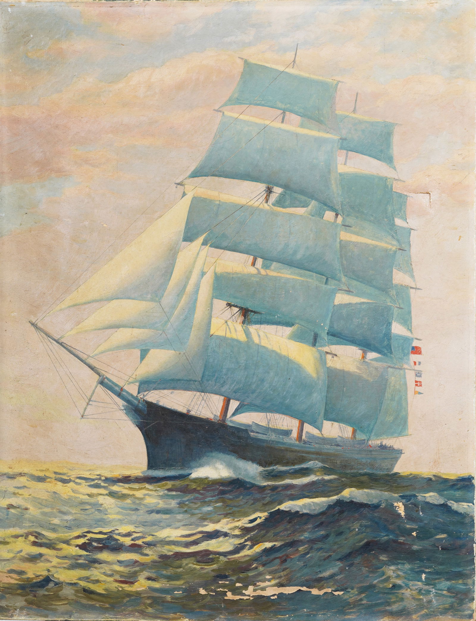 Antique American Clipper Ship Sailboat Seascape Large Impressionist Sunset Oil Painting (1 of 6)