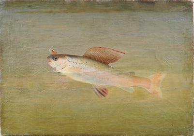 Antique American Original Sporting Art Trout Pond Fly Fishing Seascape Signed Oil Painting