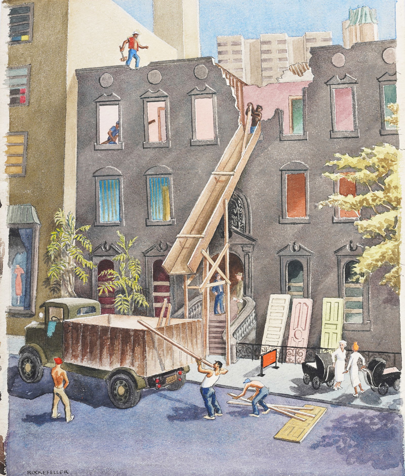 Vintage American School New York Street Scene Construction Site Signed Rockefeller Painting (1 of 6)