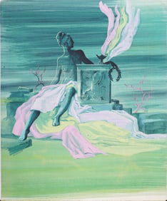 Antique American Surreal Modernist Landscape with Figure Painting Signed Rockefeller