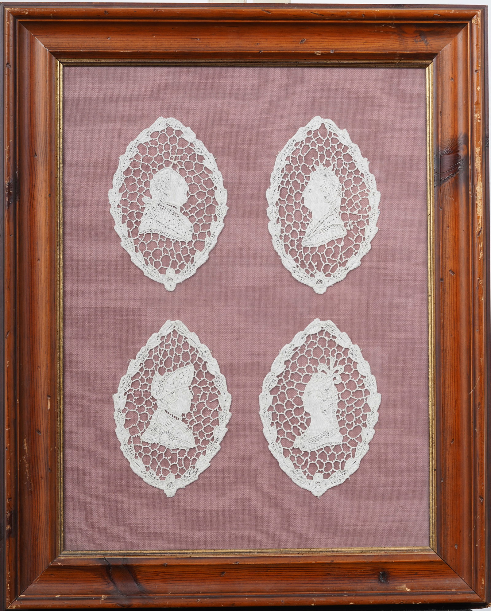 Antique Historical Figure Hand Cut Lace Portrait Framed Artwork: Antique American or European lace portraits. Framed. Measuring: 24 by 19 inches overall, and 7 by 5 each portrait alone. Please see all images for condition. Size is measured and written on the back o