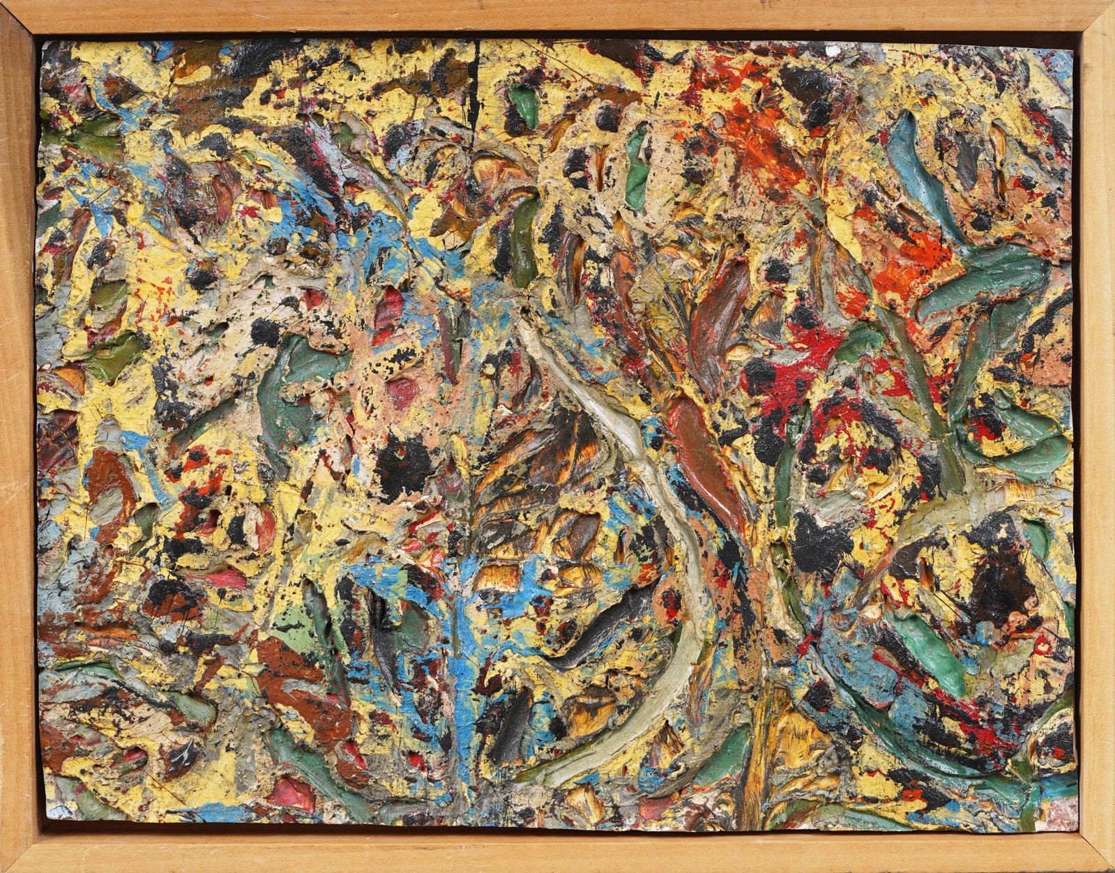 Vintage New York School Thick Impasto Abstract Expressionist Framed American Original Oil Painting: Vintage abstract American oil painting. Oil on board. Signed verso. Framed. Measuring: 13 by 16 inches overall, and 12 by 16 painting alone. Please see all images for condition. Size is measured and w