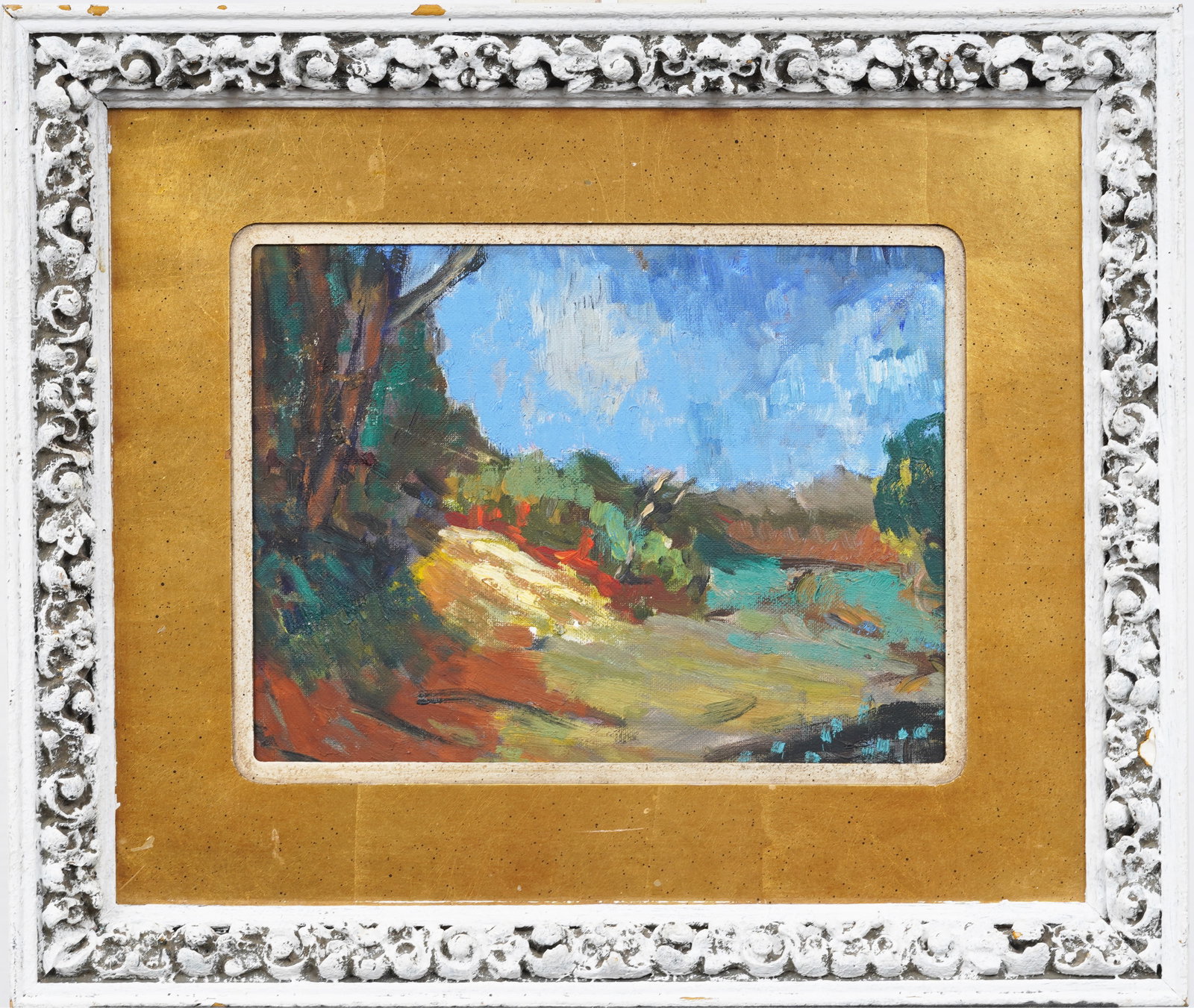 Antique French Impressionist Fall Landscape Framed Modern Oil Painting: Antique French modernist landscape oil painting . Oil on board. Framed. Measuring: 17 by 20 inches overall, and 9.5 by 13 painting alone. Please see all images for condition. Size is measured and writ