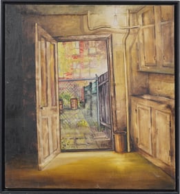 David McDaniel Signed Antique American Modernist Garden Landscape Original Oil Painting