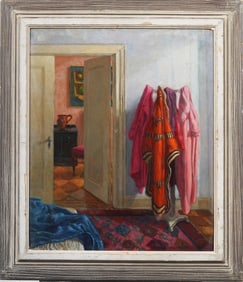 Vintage Nicely Framed American Modernist Interior Scene Finely Painted Original Oil Painting