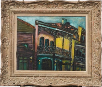 Antique American Modernist Southern School New Orleans Street Scene Framed Original Oil Painting