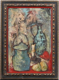 Antique European Cubist Modernist Interior Still Life Oil Painting