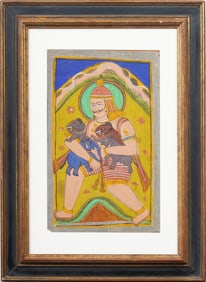 Indian Mythological Miniature Oil Painting of a Giant Holding Four Elephants