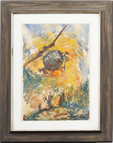 Vintage Signed Vietnam War Flaming Helicopter Military Psychedelic Watercolor