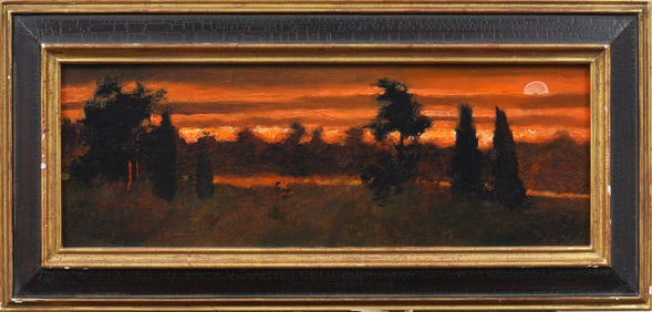 Contemporary American Impressionist Sunset Moonrise Landscape Framed Original Oil Painting