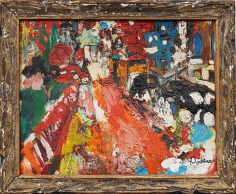 Antique American Modernist Outsider New York City Street Scene Framed Oil Painting