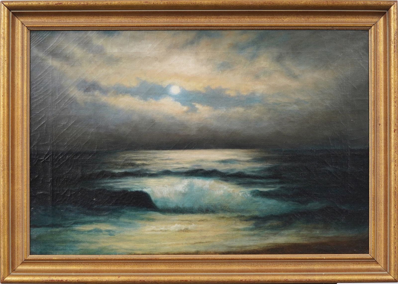 Antique American Moonlit Framed Seascape Nocturnal Original Oil Painting: Antique American moonlit seascape oil painting . Oil on canvas. Framed. Measuring: 20 by 28 inches overall, and 16 by 24 painting alone. Please see all images for condition. Size is measured and writt