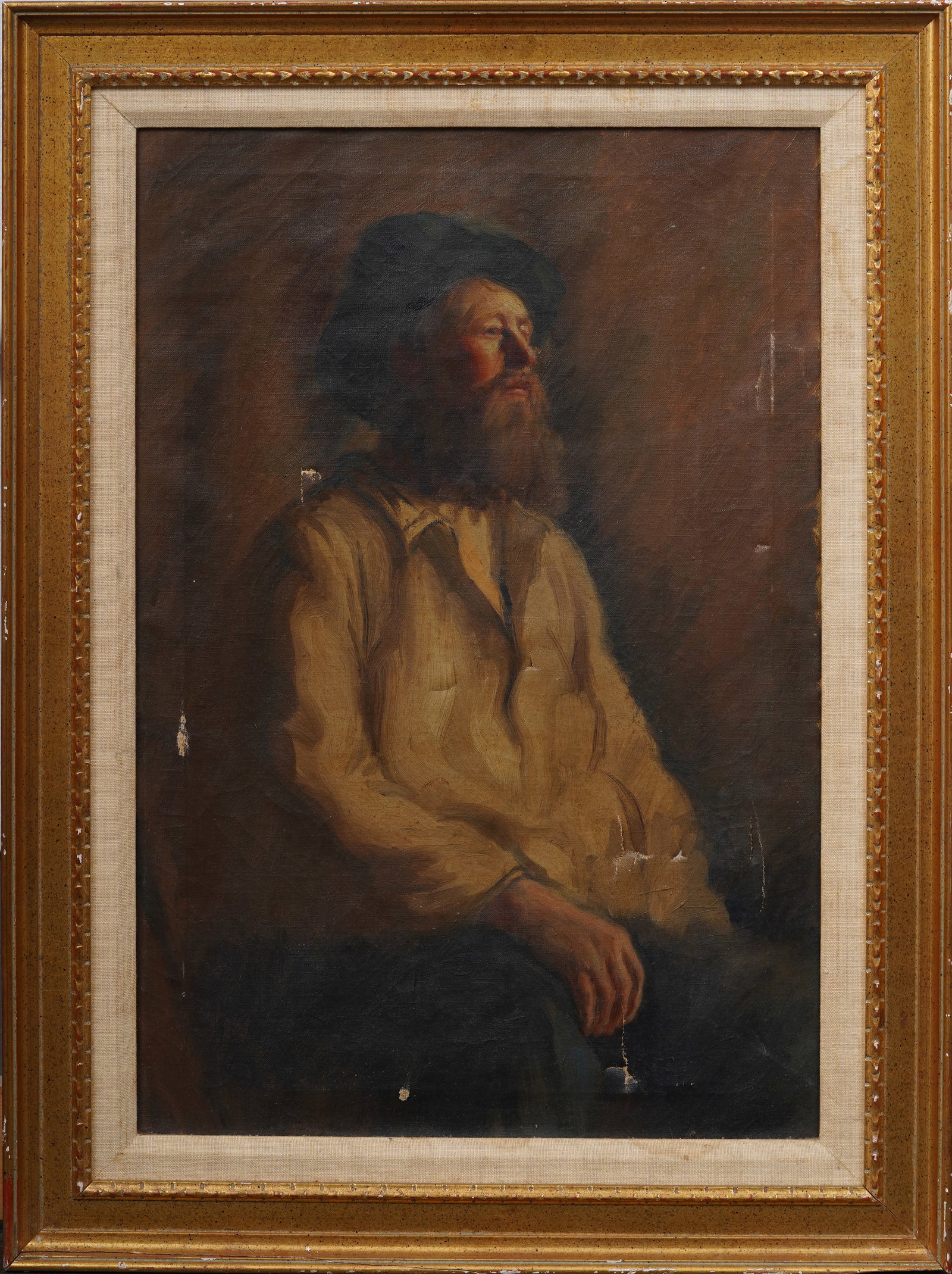 Antique American Impressionist Framed Male Portrait Oil Painting: Antique American impressionist portrait oil painting . Oil on canvas. Framed. Has several repairs and needs some additional! Measuring: 29 by 21 inches overall, and 25 by 16 painting alone. Please see