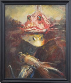 Contemporary American School Seamonster Surreal Fish Portrait Framed Signed Oil Painting