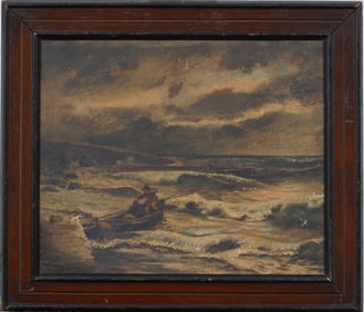 Antique American School Folk Art Moonlit Seascape Framed Oil Painting