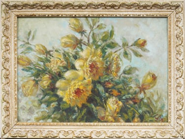 Antique American School Monogrammed Flower Still Life Signed Framed Original Oil Painting