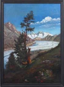 Antique Large Impressionist Alaskan Winter Framed Landscape Oil Painting
