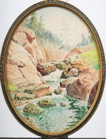 Antique American Impressionist Mountain River Landscape Framed Painting