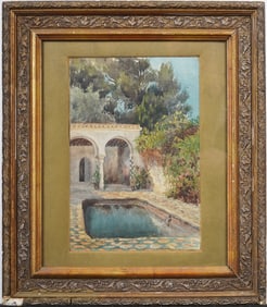 Antique Orientalist "Hidden Oasis" Garden Pool Nicely Framed 19th Century Original Painting
