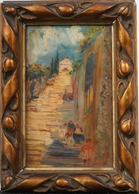 Antique European Impressionist Cityscape Stairway Framed Oil Painting