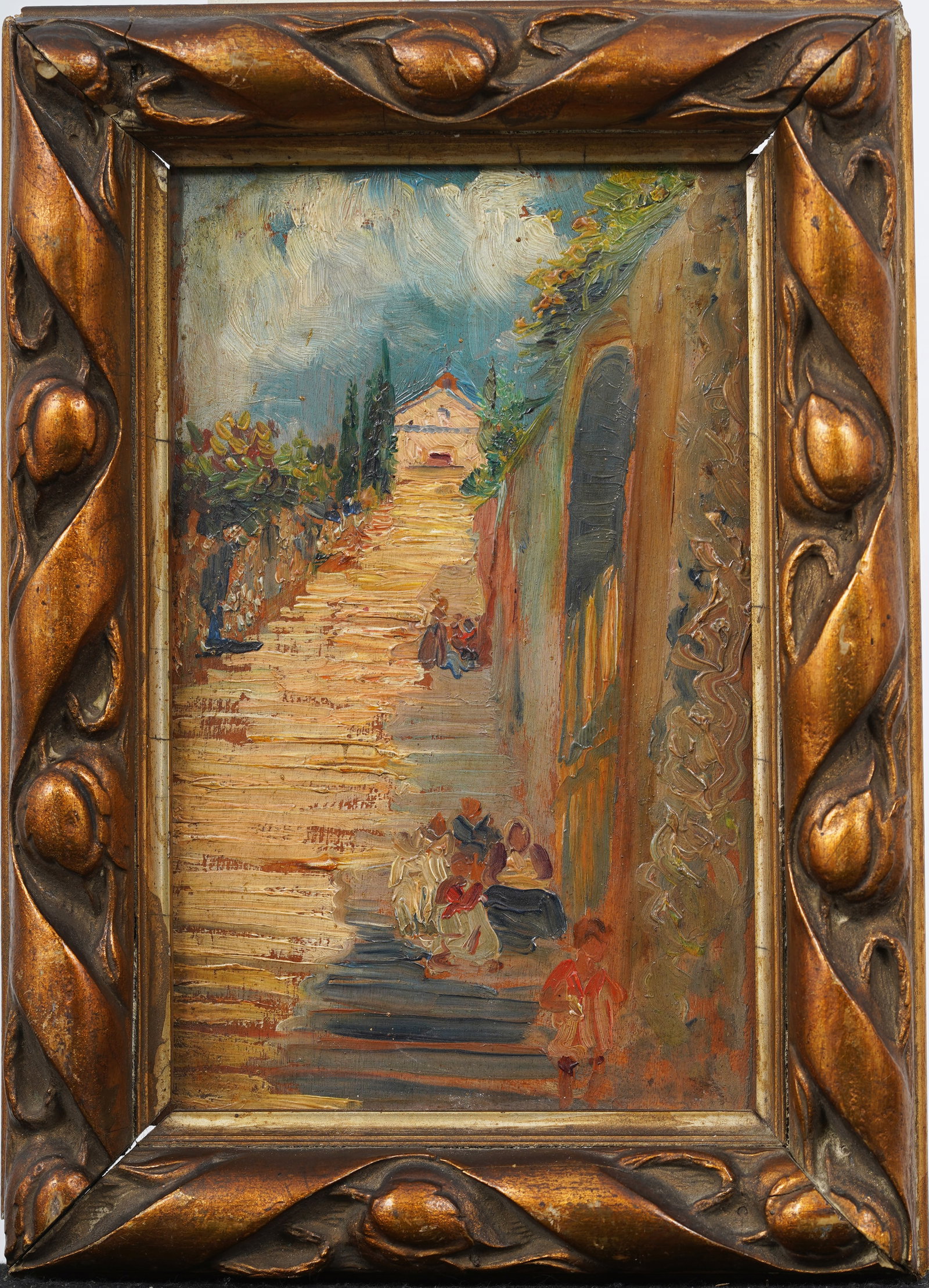 Antique European Impressionist Cityscape Stairway Framed Oil Painting: Antique European impressionist street scene oil painting . Oil on board. Framed. Measuring: 9 by 6.5 inches overall, and 7 by 4.5 painting alone. Please see all images for condition. Size is measured 