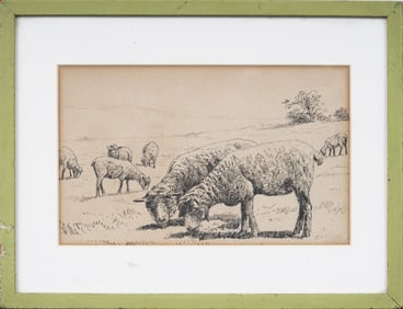 Antique American School Pen and Ink Sheep Grazing Framed Landscape Drawing