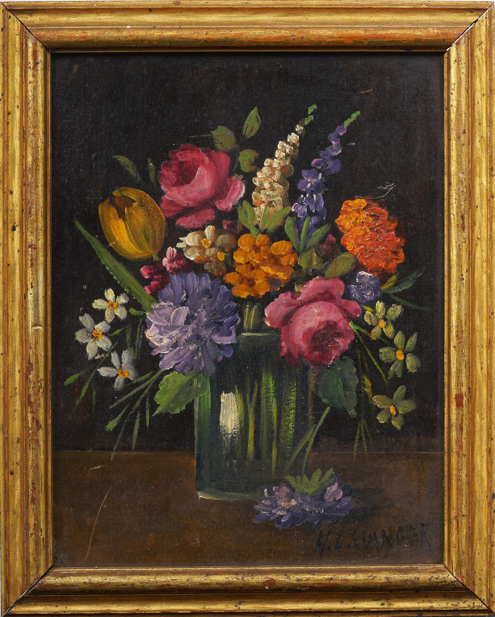 Henry Leon Sanger (1892 - 1949) Antique American Impressionist Flower Still Life Framed Oil Painting: Antique American framed still life oil painting by Henry Leon Sanger (1892 - 1949). Oil on board. Signed. Framed. Measuring: 12 by 10 inches overall, and 10 by 7.75 painting alone. Please see all imag