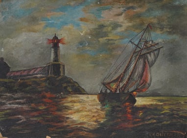 Antique Signed American Folk Art Nocturnal Seascape Original Oil Painting