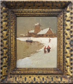 Antique Dutch Winter Landscape Framed Winter Windmill Signed Oil Painting