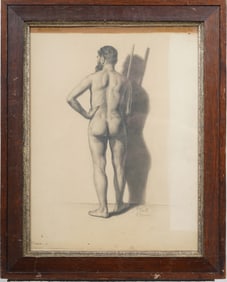 Antique European Classical Male Nude Portrait Drawing Framed Original Oil Painting