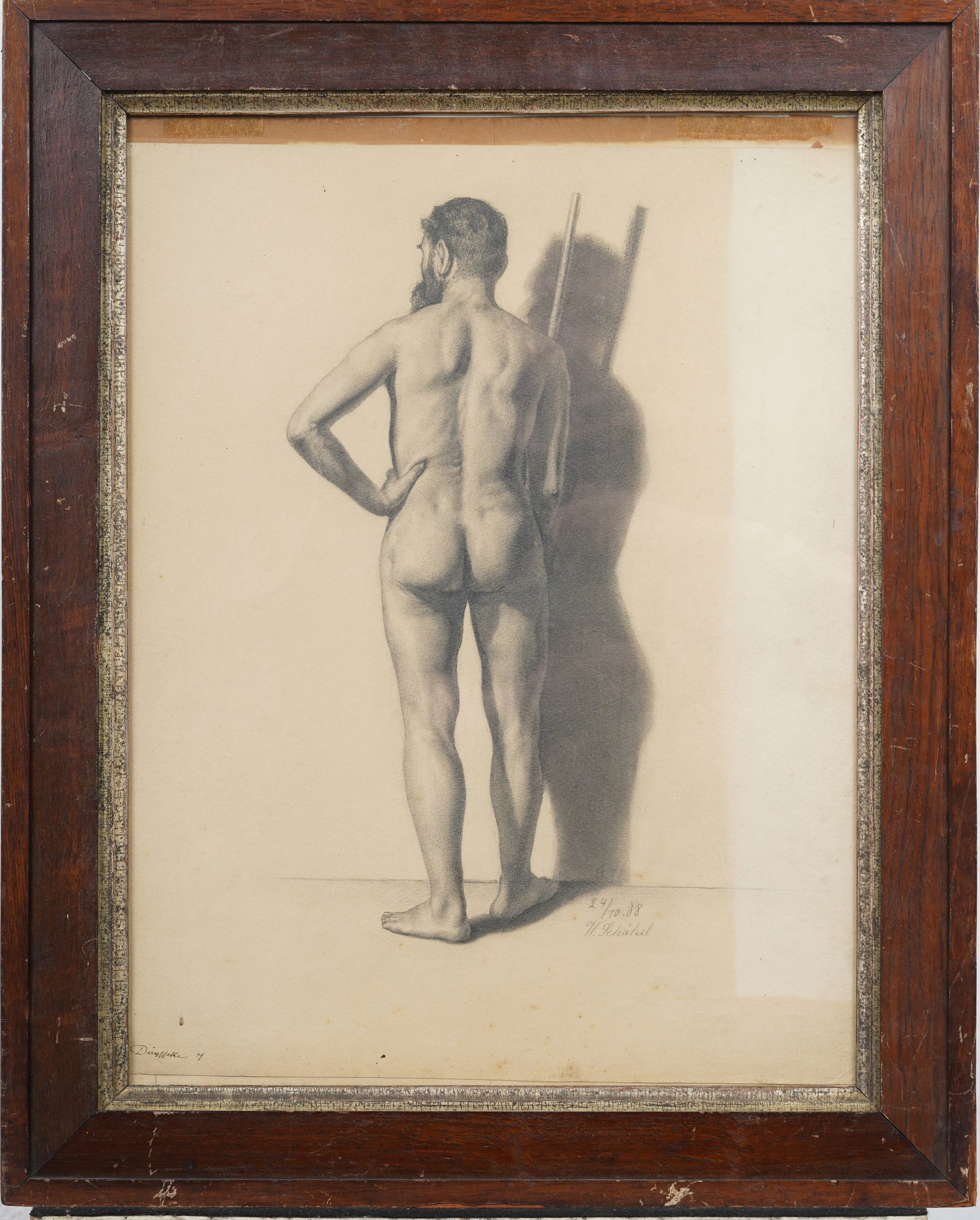 Antique European Classical Male Nude Portrait Drawing Framed Original Oil Painting: Antique European male nude portrait drawing. Charcoal/pencil on paper. Signed. Framed. Measuring: 24 by 19 inches overall, and 20 by 15.75 painting alone. Please see all images for condition. Size is 