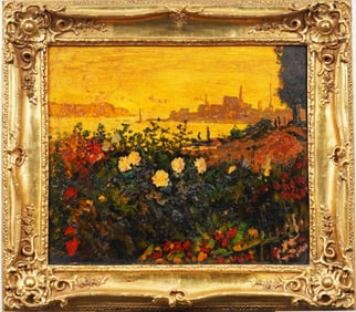 Antique European Post Impressionist Flower Still Life Landscape Framed Original Oil Painting