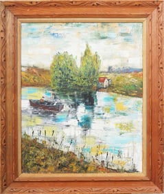Antique French Impressionist River Landscape Nicely Framed Signed Oil Painting