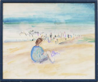 Signed 1925 American School Bustling Beach Scene Antique American Original Painting