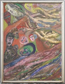 Vintage American Modernist Outsider Art Framed Original Surreal Portrait Oil Painting