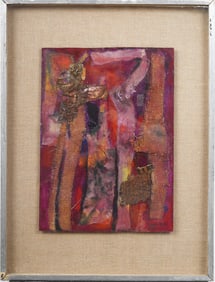 Gail Raab Signed Antique American Mixed Media Abstract Assemblage Framed Original Oil Painting