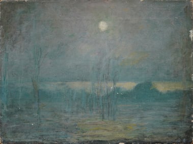 Antique American School Moonlit Marsh Nocturnal Landscape Oil Painting