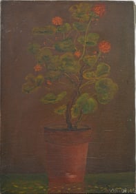 Signed Antique American School Modernist Geranium Flower Still Life Original Oil Painting