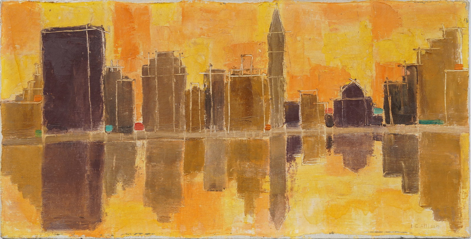 Signed Vintage American Modernist Cityscape Sunset Original Oil Painting: Vintage American modernist cityscape oil painting . Oil on canvas. Signed. Measuring: 10 by 20 inches overall. Please see all images for condition. Size is measured and written on the back of the pain