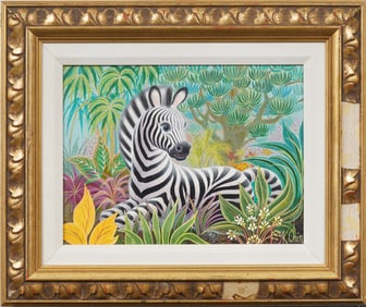 Vintage Signed "K. Chin" Modernist Zebra Animal Portrait Framed Landscape Painting