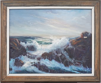Vintage American Impressionist Beach Scene Framed Seascape Original Nautical Oil Painting