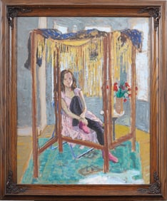 Antique American Impressionist Interior Scene Portrait Framed Oil Painting