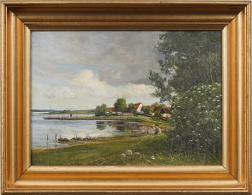 "The Painting Lesson" Antique European Impressionist Landscape Framed Oil Painting