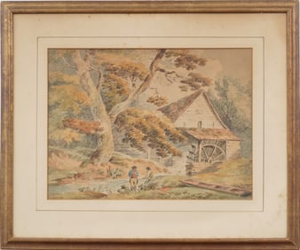 Antique European Old Master Landscape Framed Original Watercolor Painting