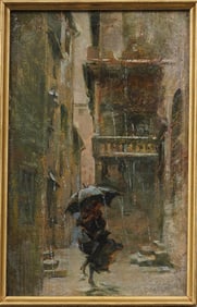 Antique European Rainy Street Scene Framed Impressionist Oil Painting